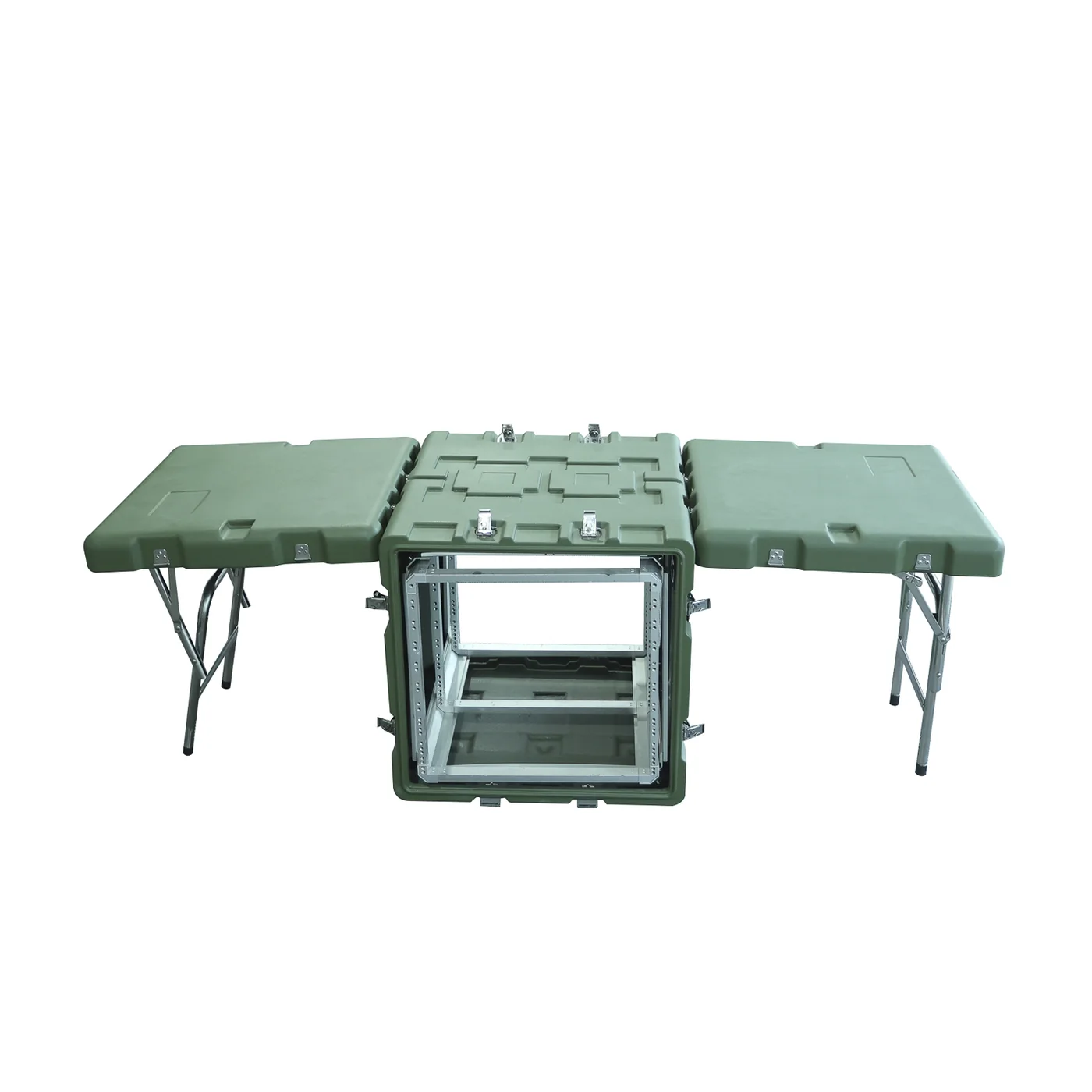 Green deployable equipment case opened into a field workstation