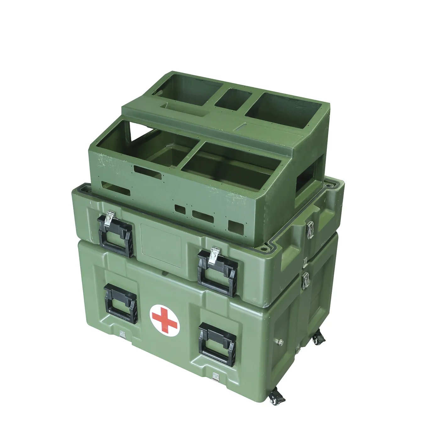 Green mobile medical case system opened into stacked modules