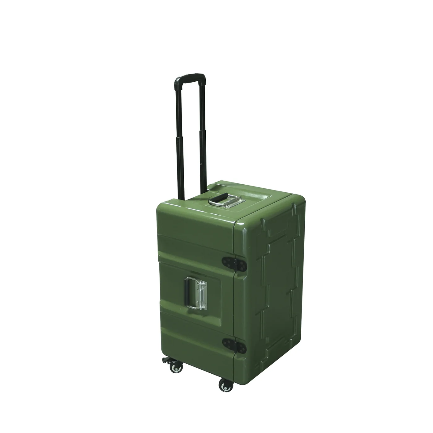 Olive green upright composite transit case with telescopic handle and wheels
